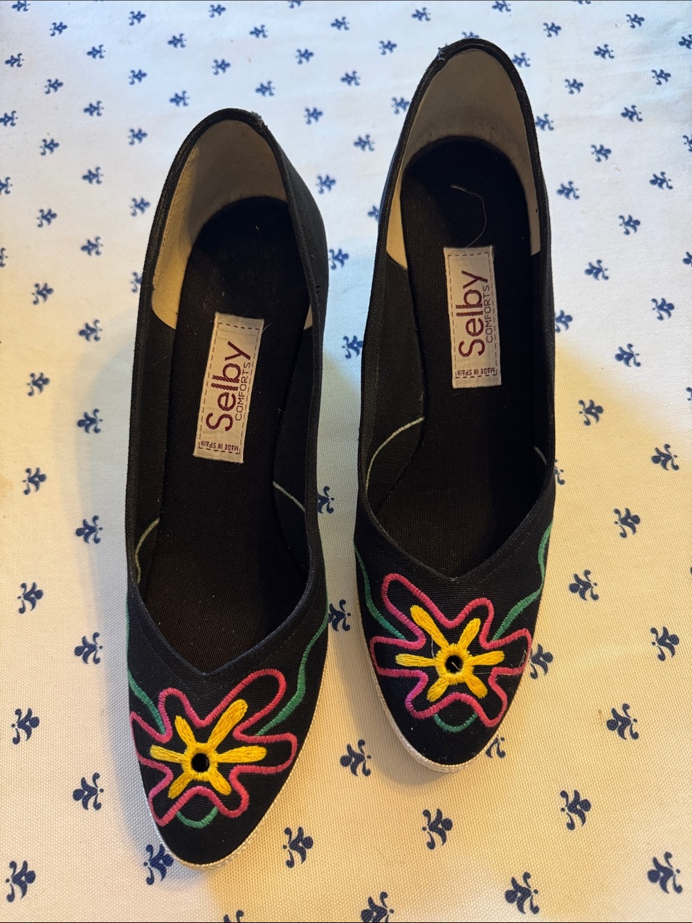 Selby Black Pointed Flats with Multicolor Floral Stitching